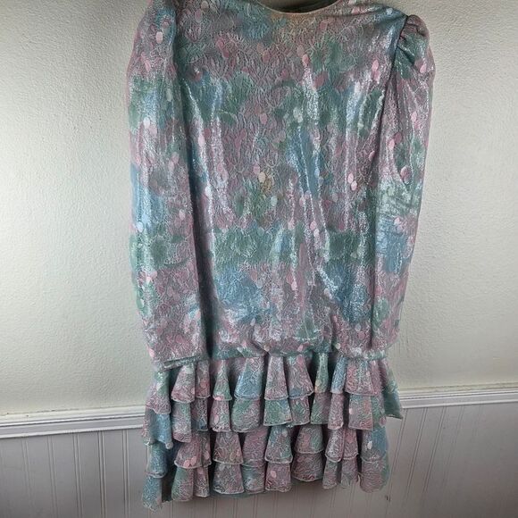 Women's Vintage Judy Hornby Drop Waist Pastel Ruffle Lace Dress Size 14 - Picture 3 of 13